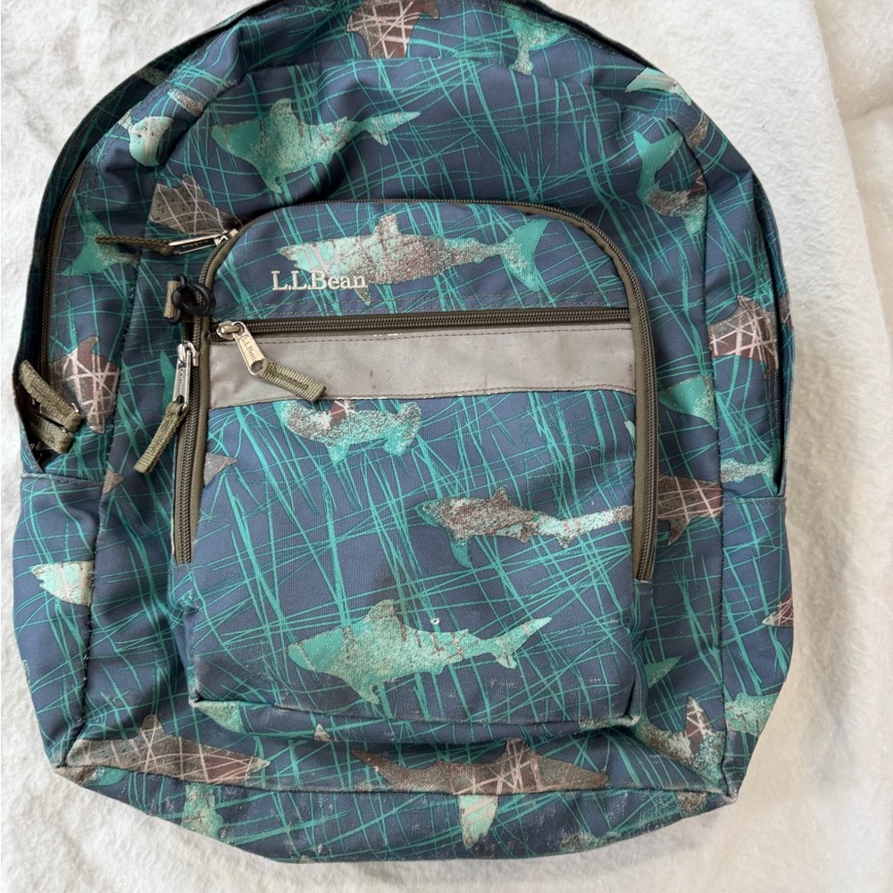 Vintage L.L. Bean Teal and Gray Fish Print Backpack